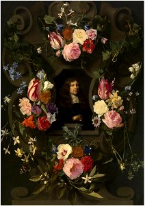 Daniël Seghers and Gonzales Coques － Portrait of a man in a garland. Free illustration for personal and commercial use.