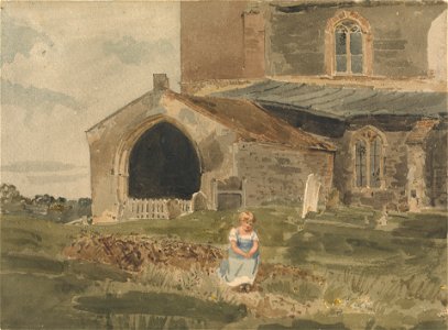 Young Girl Sitting on a Bank outside a Church - John Thirtle. Free illustration for personal and commercial use.