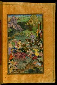 Zahir al-Din Muhammad Babur - Babur and his Party Hunting for Rhinoceros in Swati - Walters W59621B - Full Page