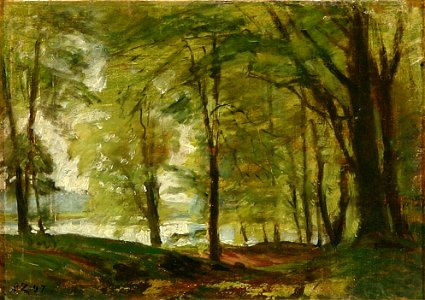Christian Zacho - Forårs skovbryn med bøgetræer, i baggrunden sø - 1897