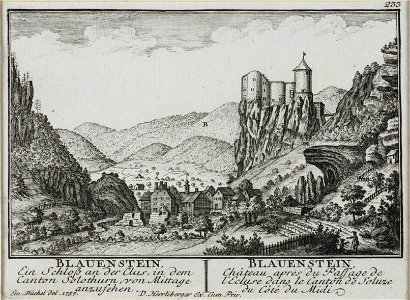 Zentralbibliothek Solothurn - BLAUENSTEIN Ein schloss an der Clus in dem Canton Solothurn von Mittage anzusehen l BLAUENSTEIN Château apres du Passage de lEcluse dans le Canton de Soluze du Côté du Midi - a0327