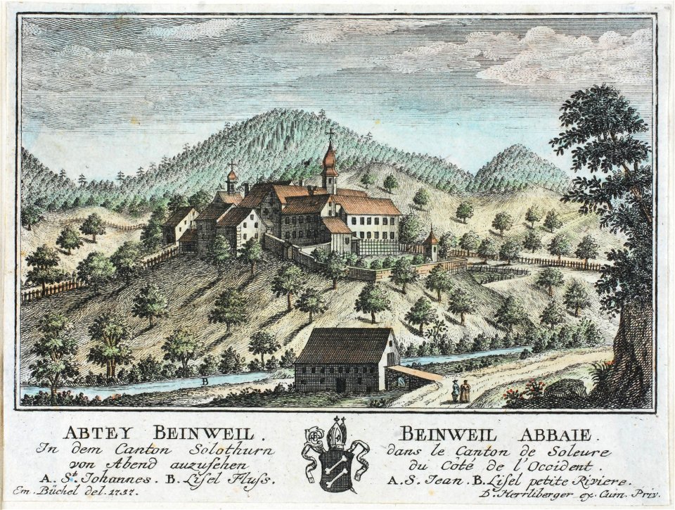 Zentralbibliothek Solothurn - ABTEY BEINWEIL In dem Canton Solothurn von Abend anzusehen A St Johannes B Lisel Fluss WappenBEINWEIL ABBAIE Dans le Canton de Soleure du Côté de lOccident A S Jean B Lisel petite Riviere - a0244
