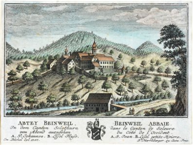 Zentralbibliothek Solothurn - ABTEY BEINWEIL In dem Canton Solothurn von Abend anzusehen A St Johannes B Lisel Fluss WappenBEINWEIL ABBAIE Dans le Canton de Soleure du Côté de lOccident A S Jean B Lisel petite Riviere - a0244