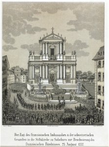 Zentralbibliothek Solothurn - Der Zug des französischen Ambassadors der schweizerischen Gesandten in die Stiftskirche zu Solothurn zur Beschwörung des französischen Bündnisses 25 August 1777 - aa0051