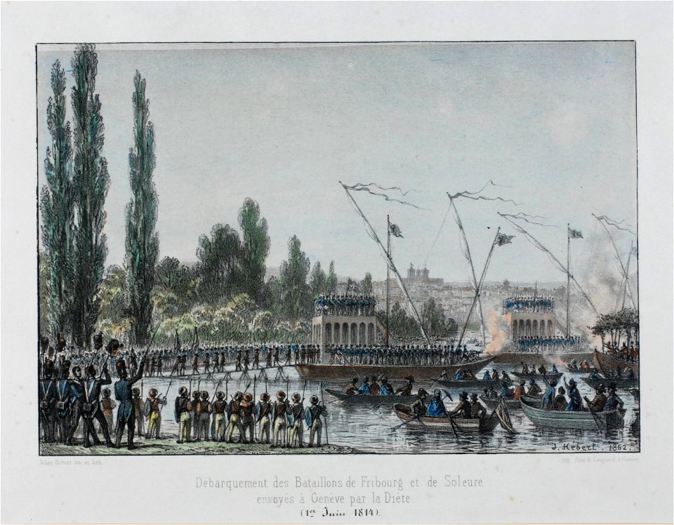 Zentralbibliothek Solothurn - Débarquement des Bataillons de Fribourg et de Soleure envoyés à Genève par la Diète 1er Juin 1814 - aa0230