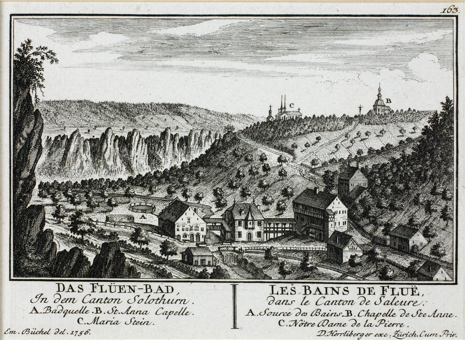 Zentralbibliothek Solothurn - DAS FLÜENBAD In dem Canton Solothurn A Badquelle B St Anna Capelle C Maria Stein l LES BAINS DE FLUE Dans le Canton de Saleure A Source des Bains B Chapelle de Ste Anne C Nôtre Dame de la Pierre - a0239