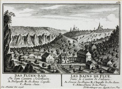 Zentralbibliothek Solothurn - DAS FLÜENBAD In dem Canton Solothurn A Badquelle B St Anna Capelle C Maria Stein l LES BAINS DE FLUE Dans le Canton de Saleure A Source des Bains B Chapelle de Ste Anne C Nôtre Dame de la Pierre - a0239