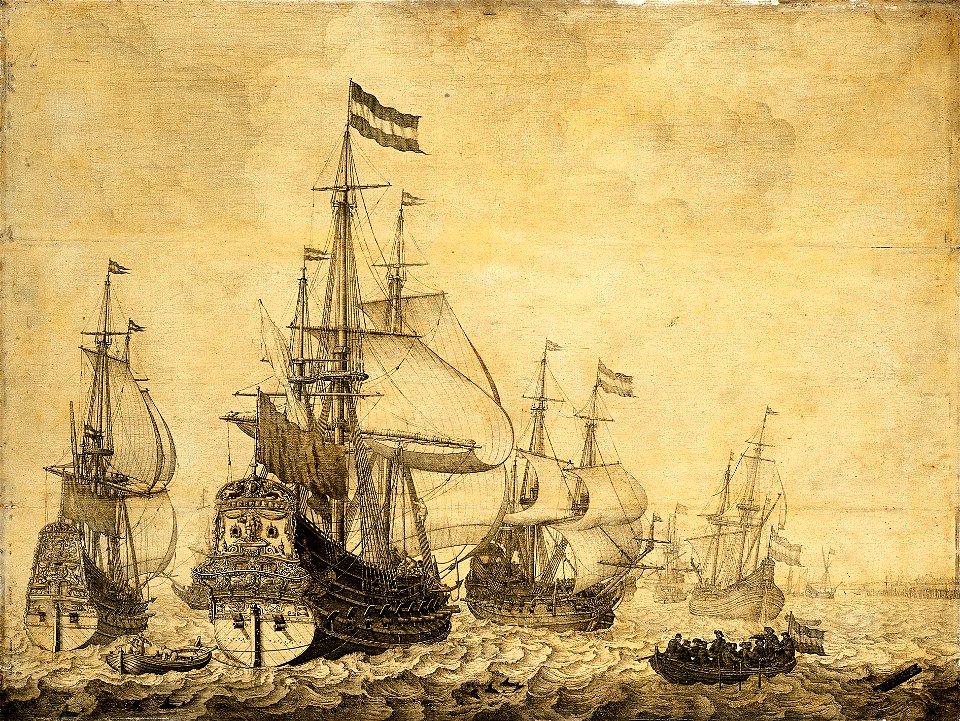 Zeegezicht met Hollandse oorlogsschepen - Dutch war ships at sea (Willem van de Velde I)