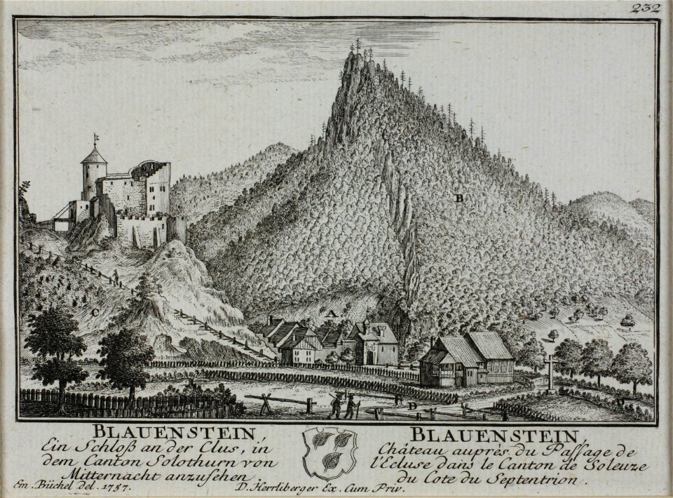 Zentralbibliothek Solothurn - BLAUENSTEIN Ein Schloss an der Clus in dem Canton Solothurn von Mitternacht anzusehen Wappen BLAUENSTEIN Château aupès du Passage de lEcluse dans le Canton de Soleure du Cote du Septentrion - a0643