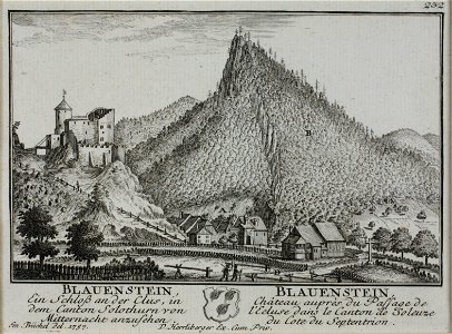 Zentralbibliothek Solothurn - BLAUENSTEIN Ein Schloss an der Clus in dem Canton Solothurn von Mitternacht anzusehen Wappen BLAUENSTEIN Château aupès du Passage de lEcluse dans le Canton de Soleure du Cote du Septentrion - a0643
