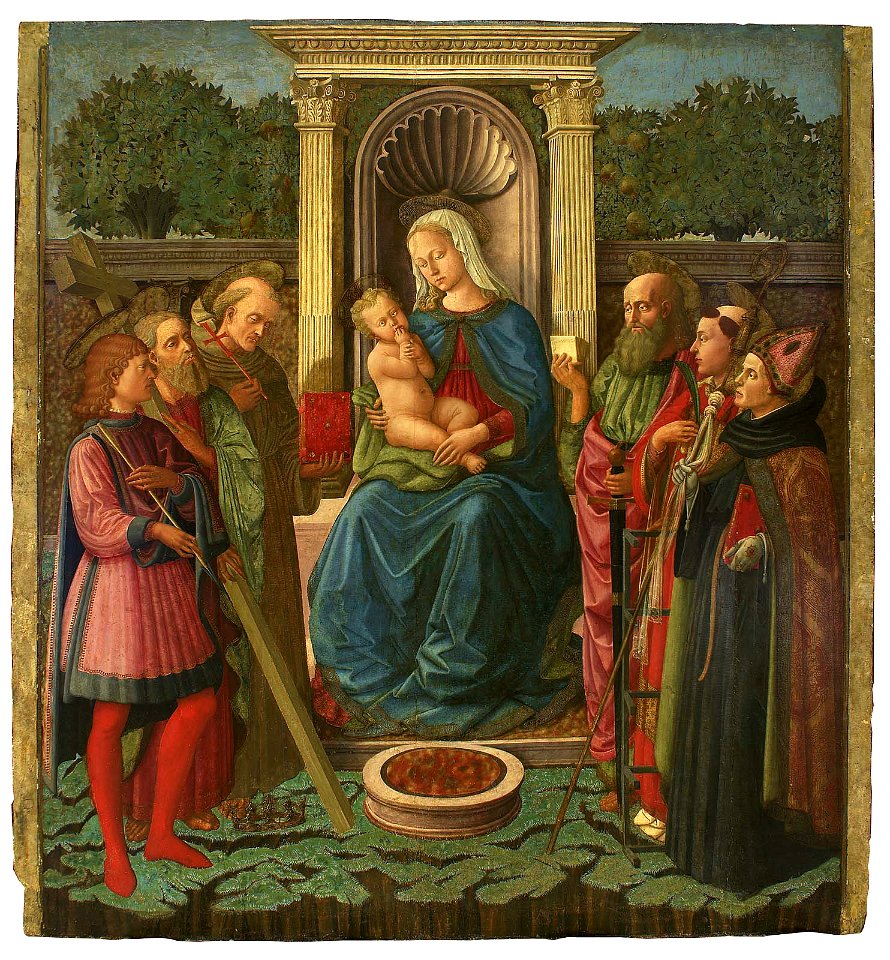 Zanobi di Jacopo di Piero Machiavelli - Virgin and Child Enthroned with Saints Sebastian, Andrew, Bernardino (^), Paul, Lawrence, and Augustine - 48.297 - Museum of Fine Arts