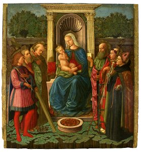 Zanobi di Jacopo di Piero Machiavelli - Virgin and Child Enthroned with Saints Sebastian, Andrew, Bernardino (^), Paul, Lawrence, and Augustine - 48.297 - Museum of Fine Arts