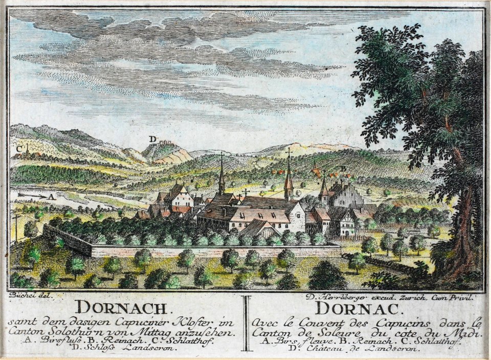Zentralbibliothek Solothurn - DORNACH samt dem dasigen Capuciner Kloster im Canton Solothurn von Mittag anzusehen A Birsfluss B Reinach C Schlatthof D Schloss Landscron l DORNAC Avec le Couvent des Capucins dans le - a0229