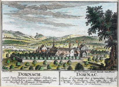 Zentralbibliothek Solothurn - DORNACH samt dem dasigen Capuciner Kloster im Canton Solothurn von Mittag anzusehen A Birsfluss B Reinach C Schlatthof D Schloss Landscron l DORNAC Avec le Couvent des Capucins dans le - a0229
