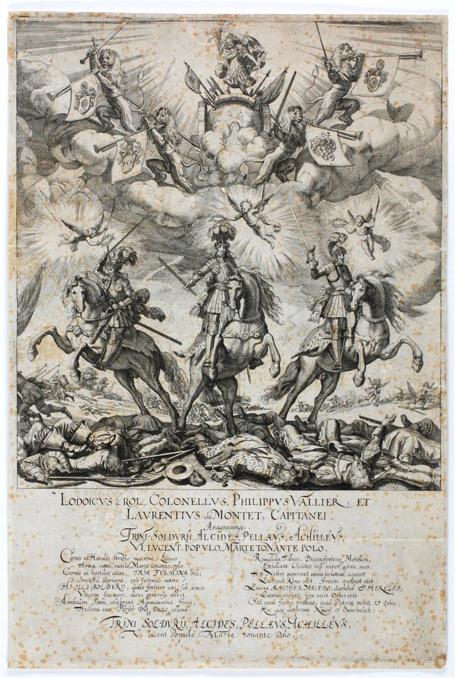 Zentralbibliothek Solothurn - LODOICUS à ROL COLONELLUS PHILIPPUS VALLIER ET LAVRENTIVS de MONTET CAPITANEI Anagramma TINI SOLDVRII ALCIDES PELLAEVS ACHILLEVS VI LVCENT POPVLO MARTE TONANTE POLO in der linken Hälft - aa0597