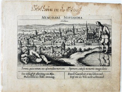 Zentralbibliothek Solothurn - Oberhalb des Bildes MEMORARE NOVISSIMA 47 oben im Bild Solothurn unterhalb des Bildes Somne quies rerum nos assuetudine mortem Spernere cum sis tu mortis imago doces unten links Der Schlaff - a0745