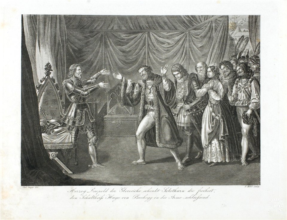 Zentralbibliothek Solothurn - Herzog Leopold der Glorreiche schenkt Solothurn die Freiheit den Schultheiss Hugo von Buchegg in die Arme schliessend - aa0474