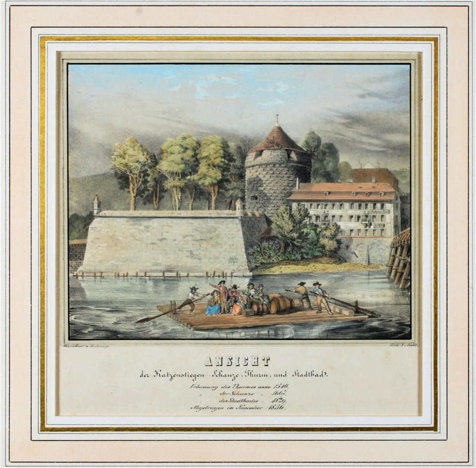 Zentralbibliothek Solothurn - Ansicht der Katzenstiegen Schanze Thurm und Stadtbad Erbauung des Thurmes anno 1540 der Schanze 1667 des Stadtbades 1820 Abgetragen im November 1856 - aa0576
