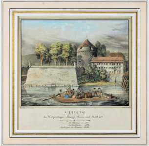 Zentralbibliothek Solothurn - Ansicht der Katzenstiegen Schanze Thurm und Stadtbad Erbauung des Thurmes anno 1540 der Schanze 1667 des Stadtbades 1820 Abgetragen im November 1856 - aa0576