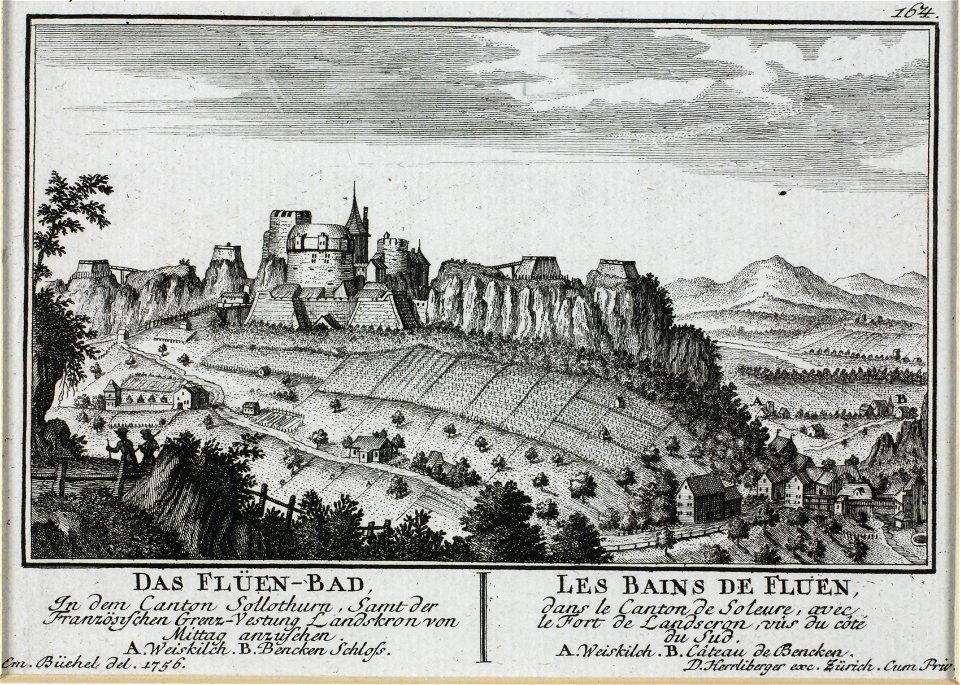 Zentralbibliothek Solothurn - Das FLÜENBAD In dem Canton Solothurn Samt der Französischen GrenzVestung Landskron von Mittag anzusehen A Weiskilch B Bencken Schloss l LES BAINS DE FLUEN dans le Canton de Soleure avec - a0240