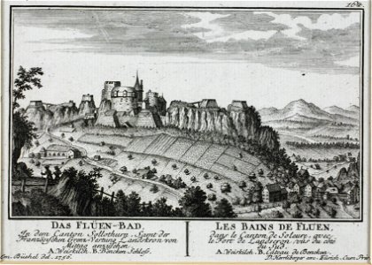 Zentralbibliothek Solothurn - Das FLÜENBAD In dem Canton Solothurn Samt der Französischen GrenzVestung Landskron von Mittag anzusehen A Weiskilch B Bencken Schloss l LES BAINS DE FLUEN dans le Canton de Soleure avec - a0240