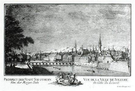 Zentralbibliothek Solothurn - PROSPECT DER STADT SOLOTHURN Von der MorgenSeite Bekröntes Standeswappen mit zwei Löwen und einem Füllhorn VUE DE LA VILLE DE SOLEURE du Côte du Levant - aa0020