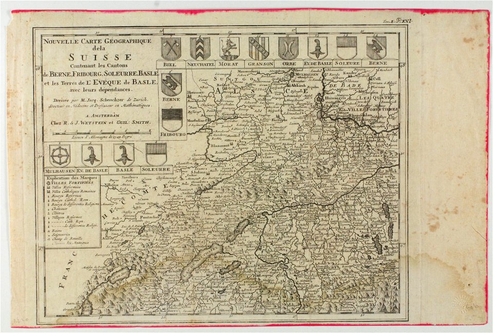 Zentralbibliothek Solothurn - NOUVELLE CARTE GEOGRAPHIQUE dela SUISSE Contenant les Cantons de BERNE FRIBOURG SOLEURRE BASLE et les Terres de LEVEQUE de BASLE avec leurs dépendances Dressee par M Jacq Scheuchzer d - aa0456