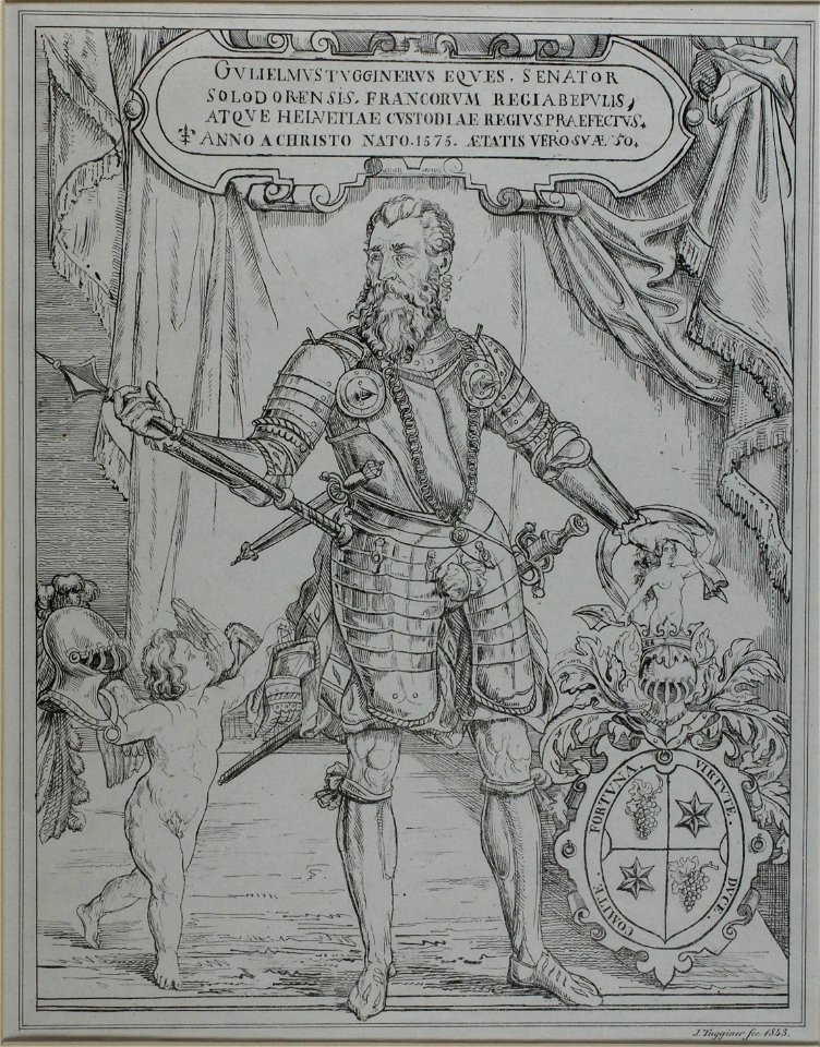 Zentralbibliothek Solothurn - In Kartusche GULIELMUS TUGGINERUS DICTUS FRÖLICH EQUE SENTOR SOLODORENSIS FRANCORUM REGIABEPULIS ATQUE HELVETIAE CUSTODIAE REGIUS PREAFECTUS ANNO A CHRISTO NATO 1575 AETATIS VEROSUAE 50 U - aa0293