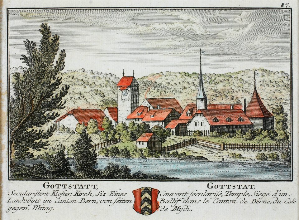 Zentralbibliothek Solothurn - GOTTSTADT Secularistert Kloster Kirch Siz Eines Landvogts im Canton Bern vonSeiten gegen Mitag Wappen GOTTSTAT Couvent secularise Temple Siege dun Ballif dans le Canton de Berne du Cotè de Mydi - a0199