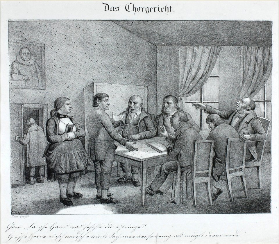 Zentralbibliothek Solothurn - Das Chorgericht unter Bild Chorr La gse Hans was heschte du azbringe H Ihr Herre es isch nadisch e wusti Sach mer weiso wenig als mugli dervo rede - aa0246