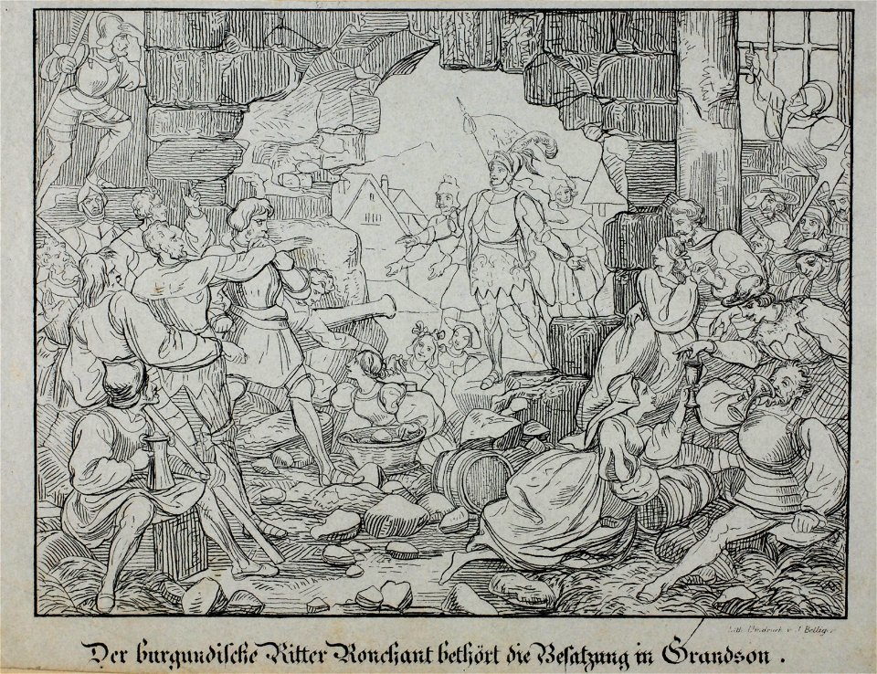 Zentralbibliothek Solothurn - Der burgundische Ritter Ronchant bethrt die Besatzung in Grandson - a0665