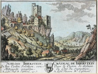 Zentralbibliothek Solothurn - SCHLOSS THIERSTEIN In dem Canton Solothurn von Mitternacht anzusehen A Lisel Fluss B Erschweil Wappen - a0197