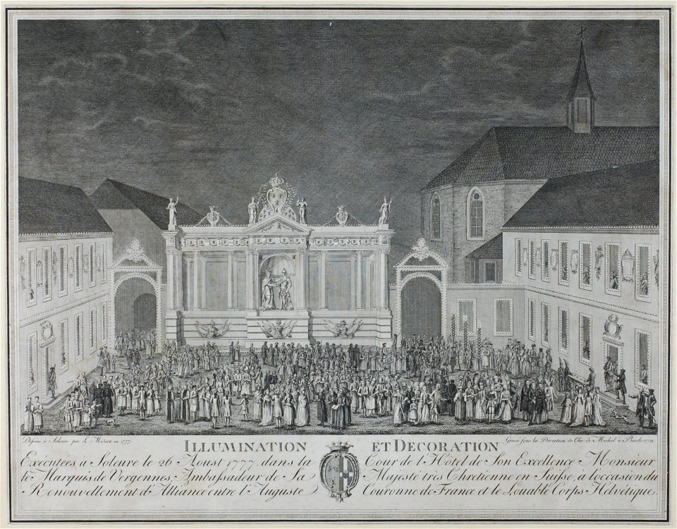 Zentralbibliothek Solothurn - ILLUMINATION gekröntes Wappen ET DECORATION Exécutées à Soleure le 26 Aoust 1777 dans la Wappen Cour de lHôtel de Son Excellence Monsieur le Marquis de Vergennes Amassadeur de Sa Wappen Ma - aa0194
