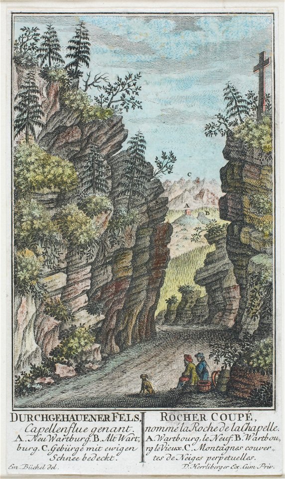Zentralbibliothek Solothurn - DURCHGEHAUENER FELS Capellenflue genant A Neue Wartburg B Alt Wart burg C Gebürge mit ewigen Schnee bedeckt L ROCHER COUPÉ nommé la Roche de la Chapelle A Wartbourg le Neuf B Warbou r - a0213