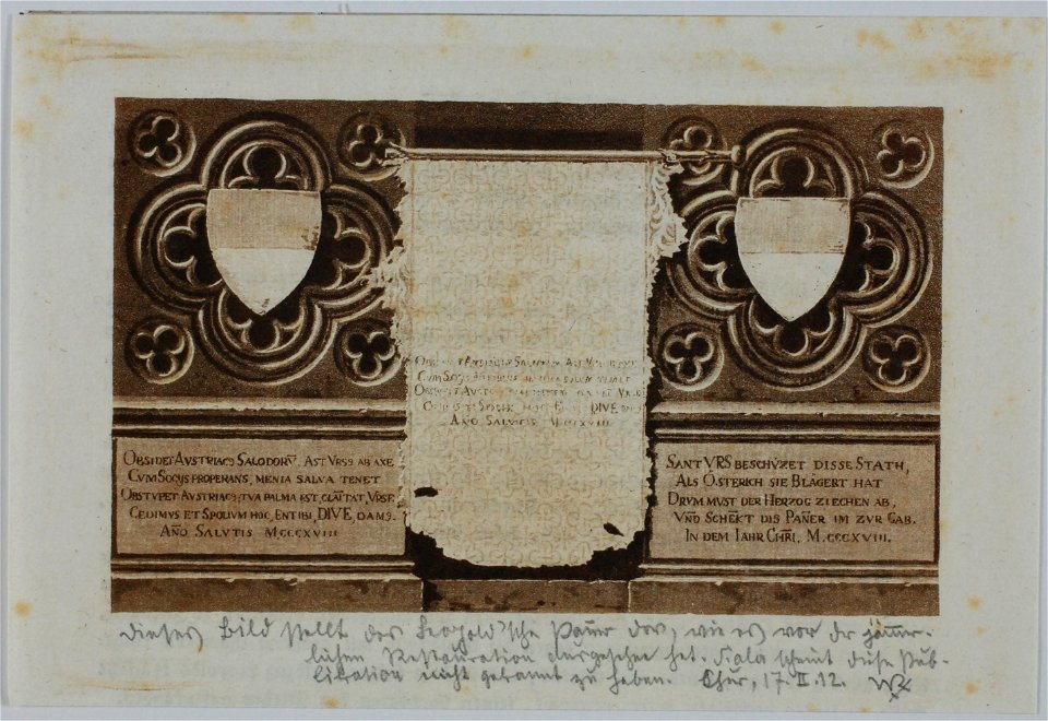 Zentralbibliothek Solothurn - Wappenfries mit Banner des Herzogs Leopold von Österreich mit Inschriften - a0869