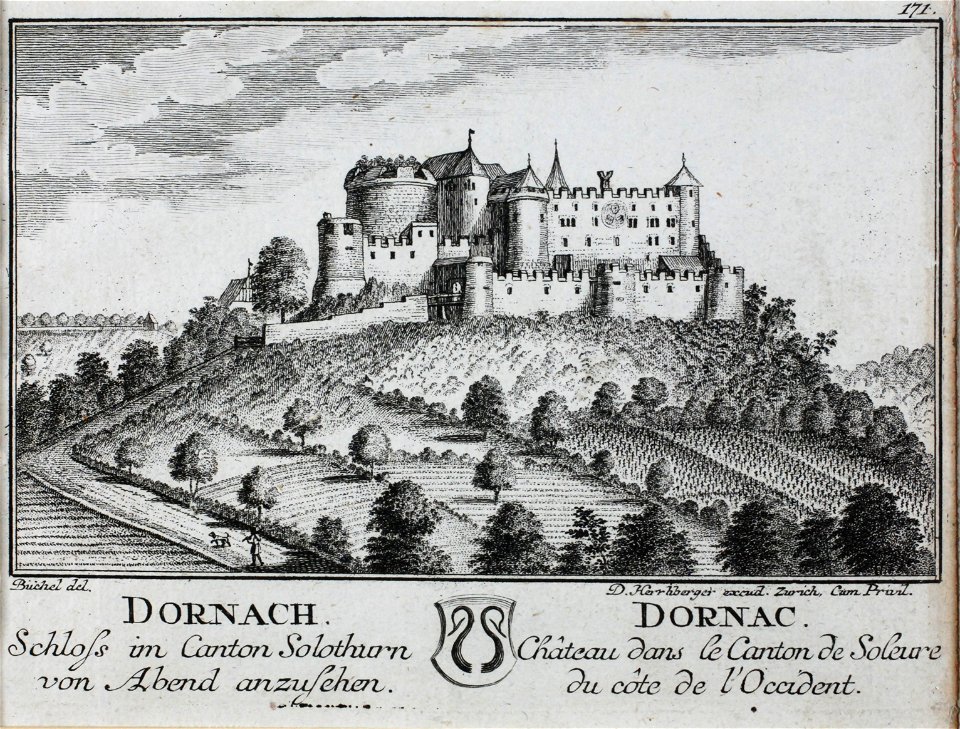 Zentralbibliothek Solothurn - DORNACH Schloss im Canton Solothurn von Abend anzusehen Wappen in der Mitte DORNAC Château dans le Canton de Soleure du côte de lOccident - a0557