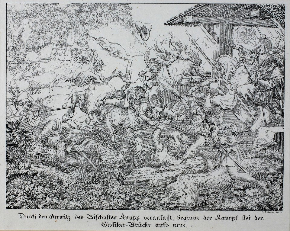 Zentralbibliothek Solothurn - Durch den Fürwitz des Bischoffen Knapp veranlasst beginnt der Kampf bei der GislikerBrücke aufs neue - a0288