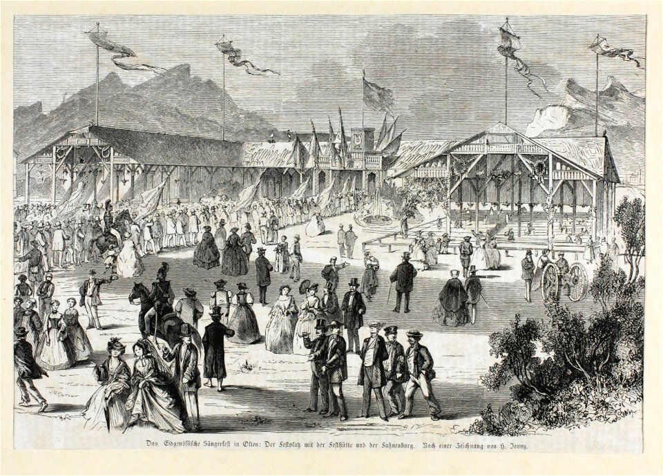 Zentralbibliothek Solothurn - Das Eidgenössische Sängerfest in Olten Der Festplatz mit der Festhütte und der Fahnenburg Nach einer Zeichnung von H Jenny - aa0398