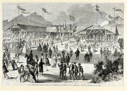 Zentralbibliothek Solothurn - Das Eidgenössische Sängerfest in Olten Der Festplatz mit der Festhütte und der Fahnenburg Nach einer Zeichnung von H Jenny - aa0398