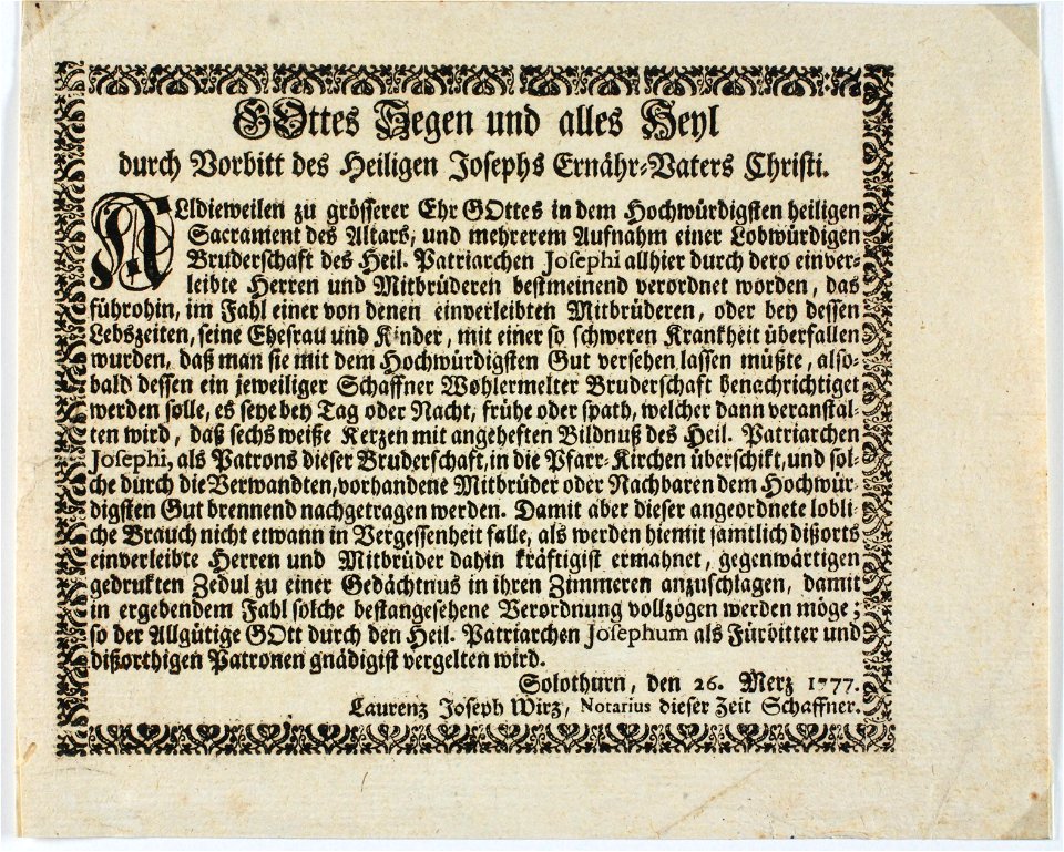 Zentralbibliothek Solothurn - Gottes Segen und alles Heyl durch Vorbitt des Heiligen Josephs ErnährVaters Christi Alldieweilen zu grösserer Ehr Gottes - a0804
