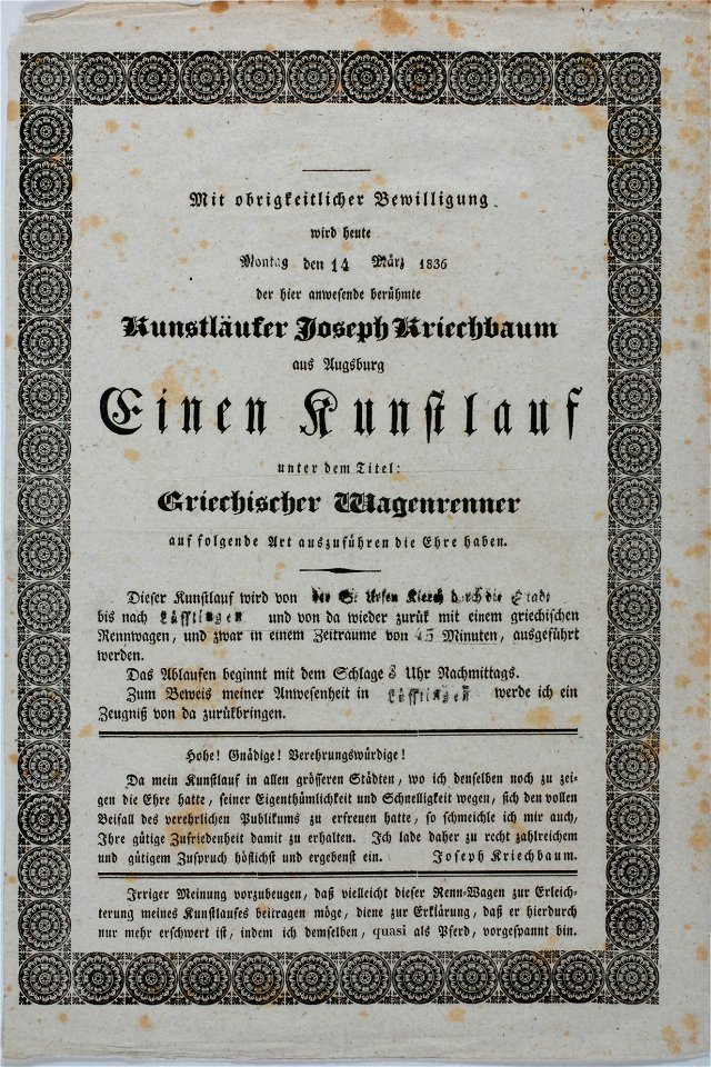 Zentralbibliothek Solothurn - Mit obrigkeitlicher Bewilligung wird heute Montag den 14 März 1836 der hier anwesende berühmte Kunstläufer Joseph Kriechbaum aus Augsburg Einen Kunstlauf unter dem Titel Griechischer - a0971