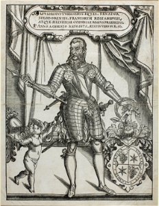 Zentralbibliothek Solothurn - In Kartusche GULIELMUS TUGGINERUS DICTUS FRÖLICH EQUE SENTOR SOLODORENSIS FRANCORUM REGIABEPULIS ATQUE HELVETIAE CUSTODIAE REGIUS PREAFECTUS ANNO A CHRISTO NATO 1575 AETATIS VEROSUAE 50 U - aa0294