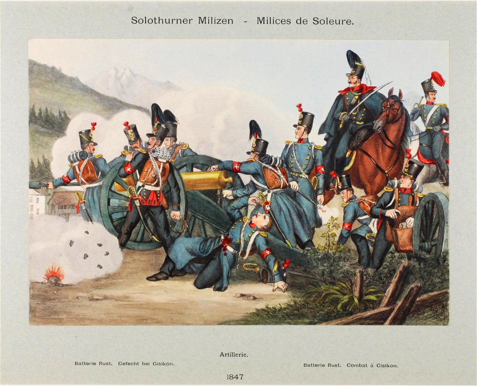 Zentralbibliothek Solothurn - Solothurner Milizen Milices de Soleure Unter Bild nähere Bezeichnungen Artillerie Batterie Rust Gefecht bei Gisikon Batterie Rust Combat à Gisikon 1847 - aa0349
