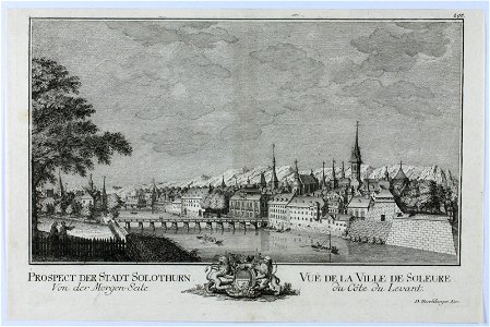 Zentralbibliothek Solothurn - PROSPECT DER STADT SOLOTHURN Von der MorgenSeite Bekröntes Standeswappen mit zwei Löwen und einem Füllhorn VUE DE LA VILLE DE SOLEURE du Côte du Levant - aa0007