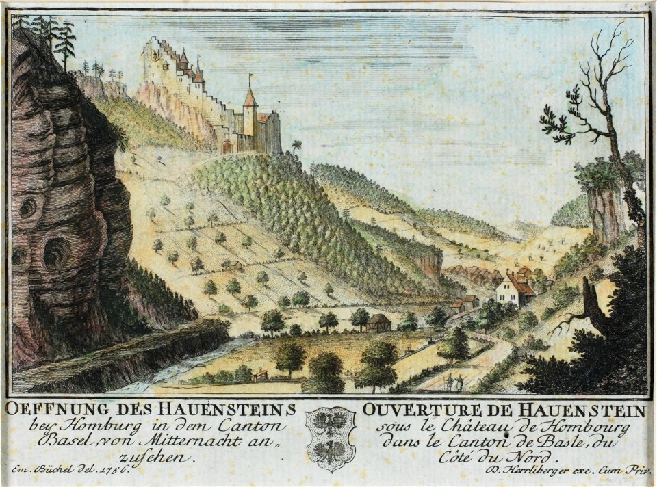 Zentralbibliothek Solothurn - OEFFNUNG DES HAUENSTEINS bey Homburg in dem Canton Basel von Mitternacht an zusehen Wappen OUVERTURE DE HAUENSTEIN sous le Château de Hombourg dans le Canton de Basle du Côté du Nord - a0215