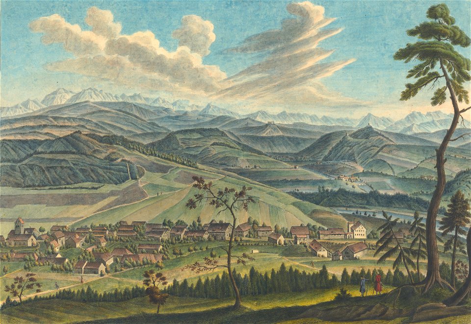 Zentralbibliothek Zürich - Eine weite Aussicht von der höhe der Kräjen im Canton Zürich das Dorf Nefftenbach Bodmers Mülli der Wieshof Schweikhof Schlosshof das Dorf Töss flus Töss Schloss Kyburg Schnegebirg - 000006455
