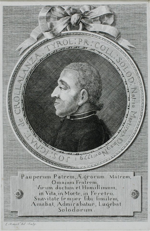 Zentralbibliothek Solothurn - Um Medaillon JOS IGNAT de CROLLALANZA TYROL PR COLL SOLOD Nat 10 Mart 1727 Ob 29 Nov 1779 auf Tafel Pauperum Patrem Ægrorum Matrem Omnium Fratrem Virum doctum et Humillimum in Vita in Mor - a0490