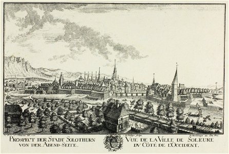 Zentralbibliothek Solothurn - PROSPECT DER STADT SOLOTHURN VON DER ABENDSEITE gerahmtes Standeswappen VUE DE LA VILLE DE SOLEURE DU CÔTE DE LOCCIDENT - aa0010
