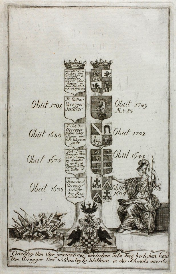 Zentralbibliothek Solothurn - Genealog Von Vier generat des adelichen Jetz Frey herlichen haus Von Arregger Von Wildensteg Zu Solothurn in der Schweitz anno 1761 - aa0298