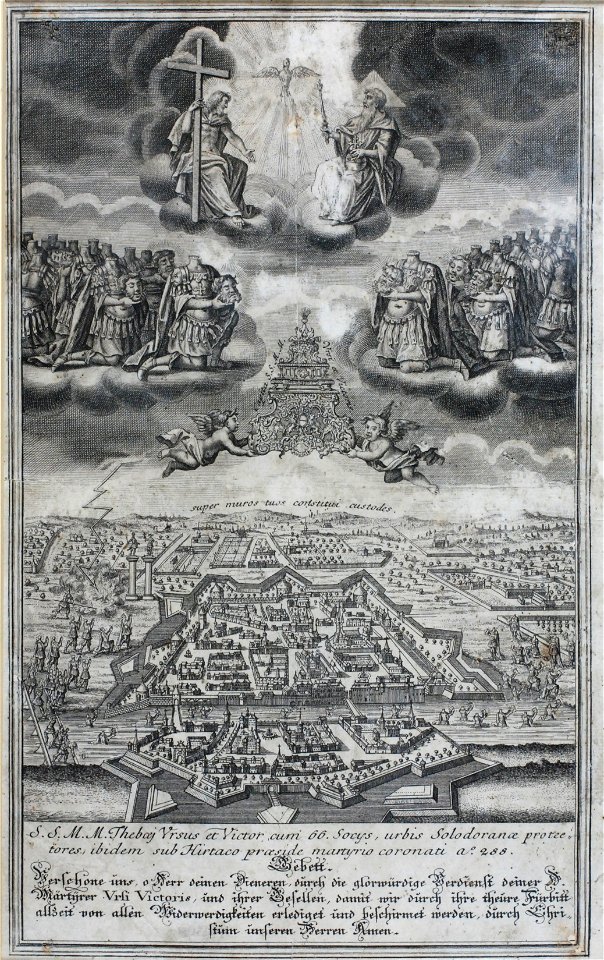 Zentralbibliothek Solothurn - S S M M Thebaej Vrsus et Victor cum 66 Socys urbis Solodoranae protec tores ibidem sub Hirtaco praeside martyrio coronati ao 288 Gebett Verschone uns o Herr deinen Dieneren durch die glor - aa0393